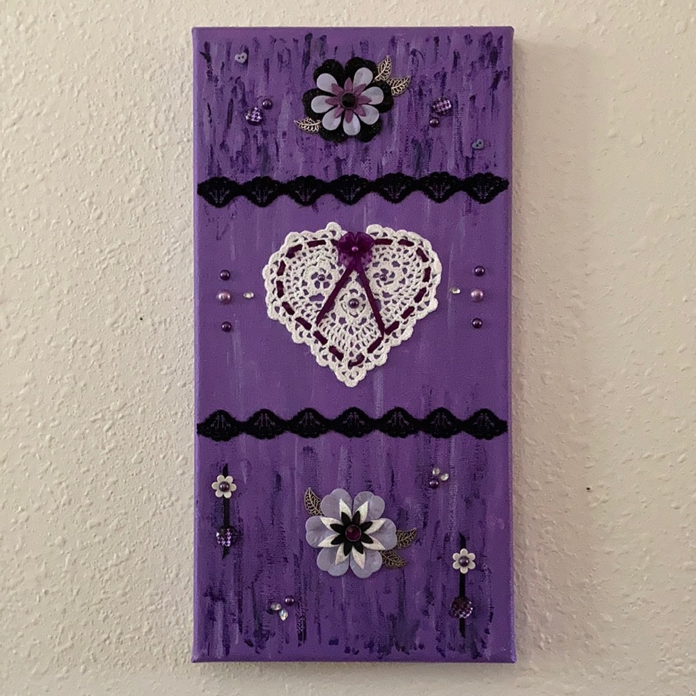 Hand Painted Canvas, decorated with doilies, buttons, gems, and ribbons